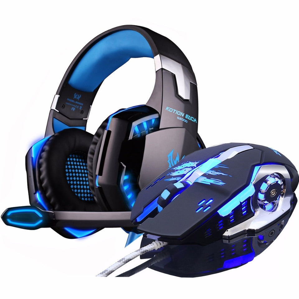 EACH G2000 Deep Bass Stereo LED Headphone Headset with microphone Professional Gamer+Gaming Optical USB Mouse Game Mice DPI gift