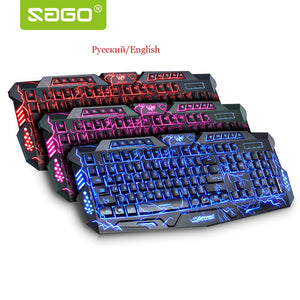 Sago Russian/English Layout Keyboard 3 Color Backlight Gaming Keyboard Wired USB PC Computer Keyboard with Red Blue Purple Color