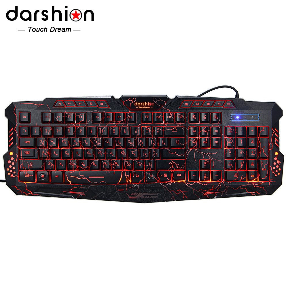 Darshin M300 Russian/English Backlit Keyboard LED 3-Color USB Wired Colorful Breathing Waterproof Computer Crack Gaming Keyboard