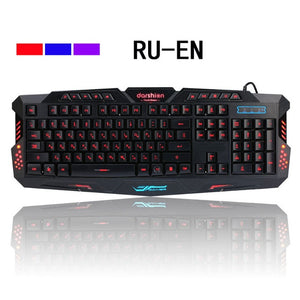 Darshin M300 Russian/English Backlit Keyboard LED 3-Color USB Wired Colorful Breathing Waterproof Computer Crack Gaming Keyboard