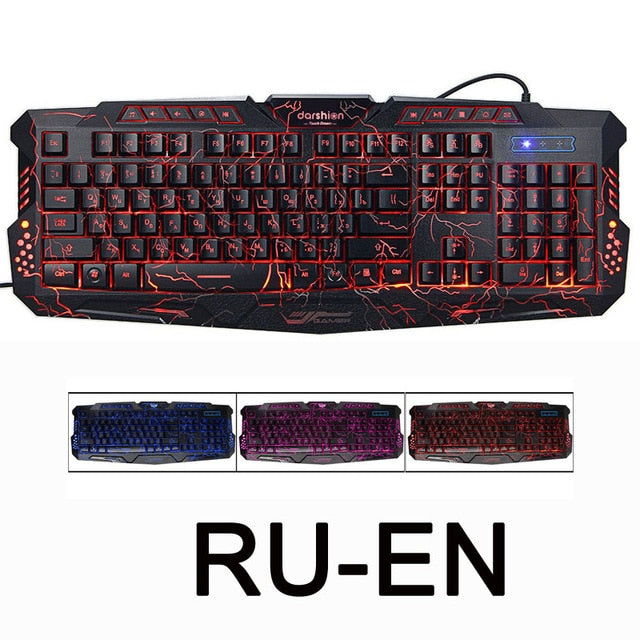 Darshin M300 Russian/English Backlit Keyboard LED 3-Color USB Wired Colorful Breathing Waterproof Computer Crack Gaming Keyboard