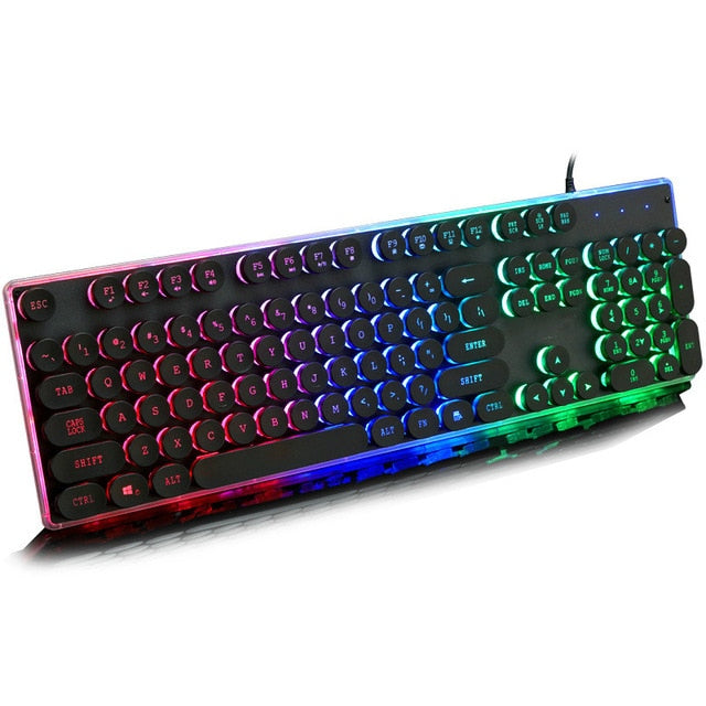 Gaming Russian Keyboard Retro Round Glowing Keycap Metal Panel Backlit USB Wired Metal Panel Illuminated Border Waterproof